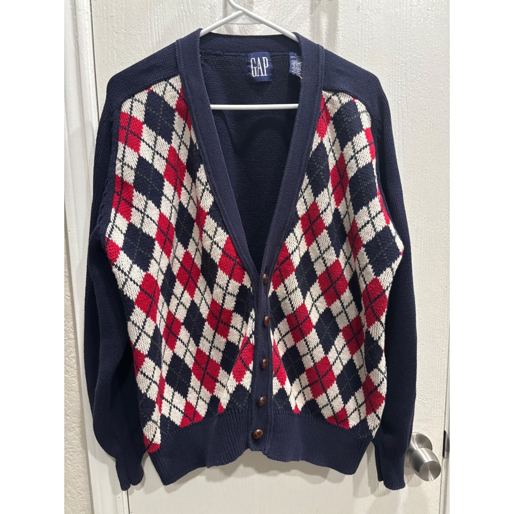 Gap Womens Navy Blue Argyle Cotton V-Neck Cardigan Sweater Large 0031